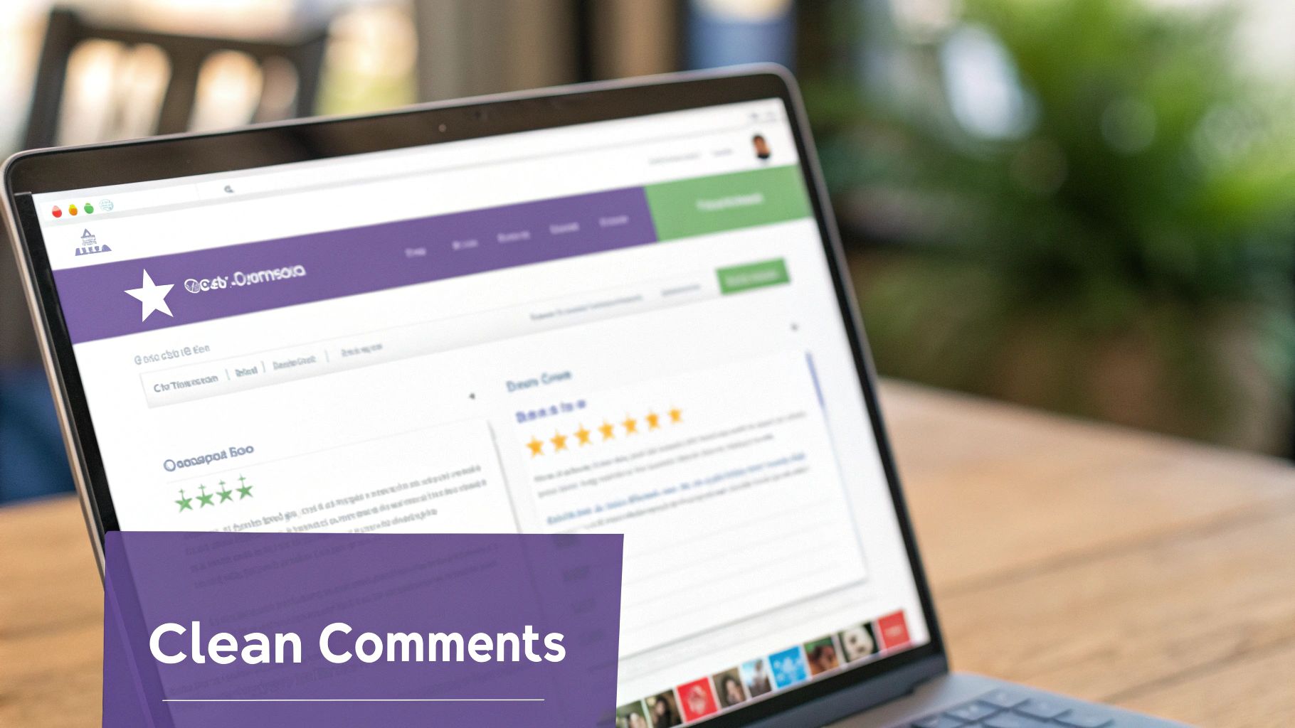 A laptop screen displays a website with customer reviews and star ratings on a wooden table.