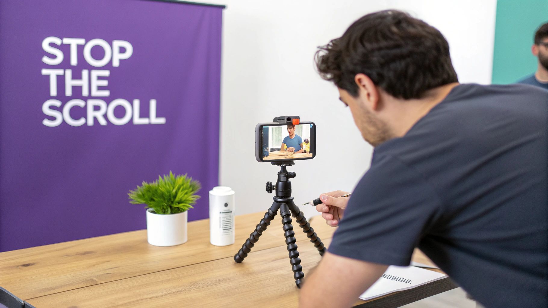 A person films content with a smartphone on a tripod, showing engagement on social media.