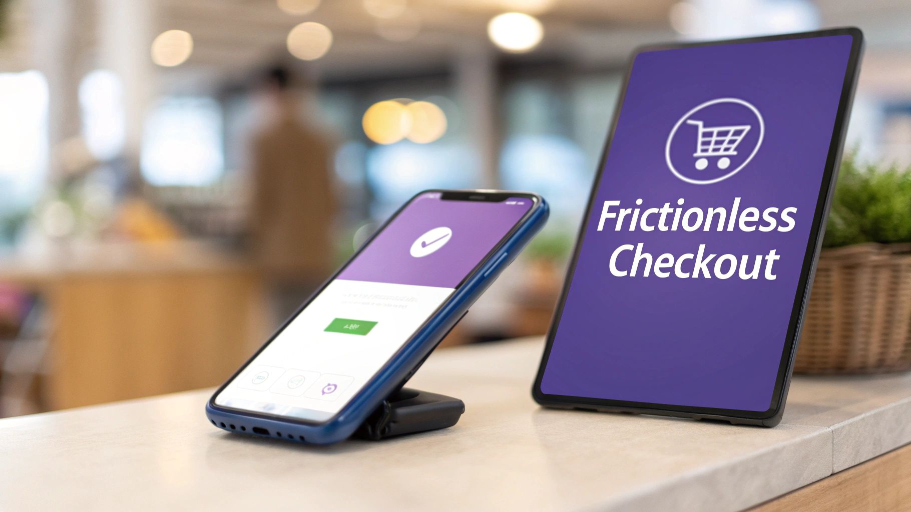 A smartphone and a tablet display 'Frictionless Checkout' on a counter, symbolizing modern payment.