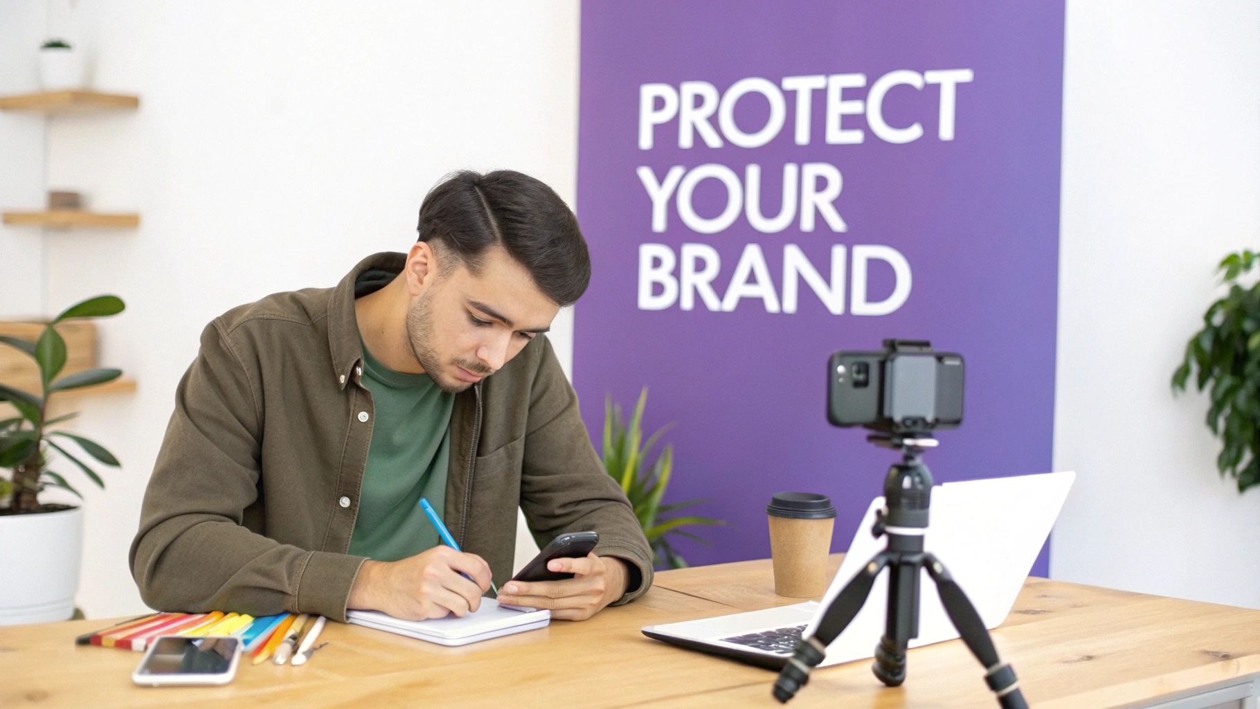 Man recording a video with a phone, writing notes, next to a 'PROTECT YOUR BRAND' sign.