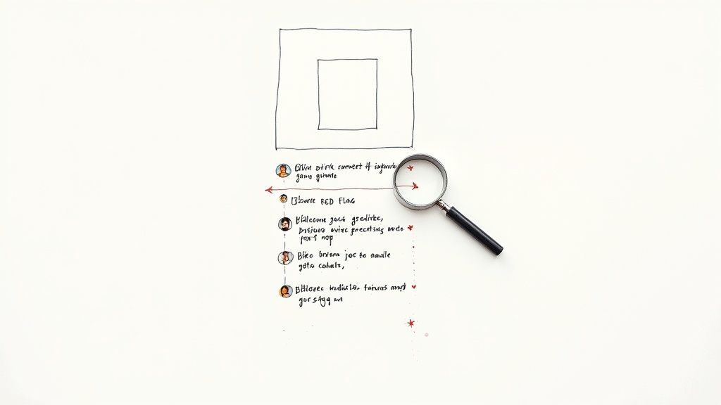 A person using a magnifying glass to look at comments on a smartphone screen.