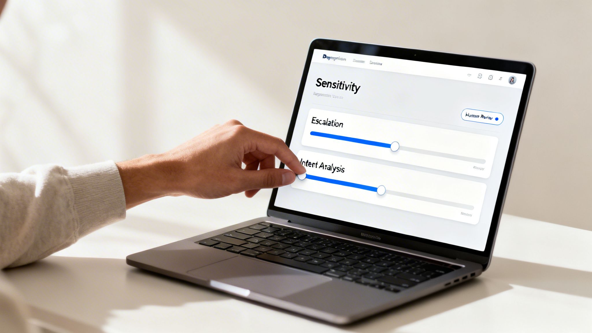Close-up of a hand adjusting 'Intent Analysis' sensitivity settings on a MacBook Pro laptop screen.