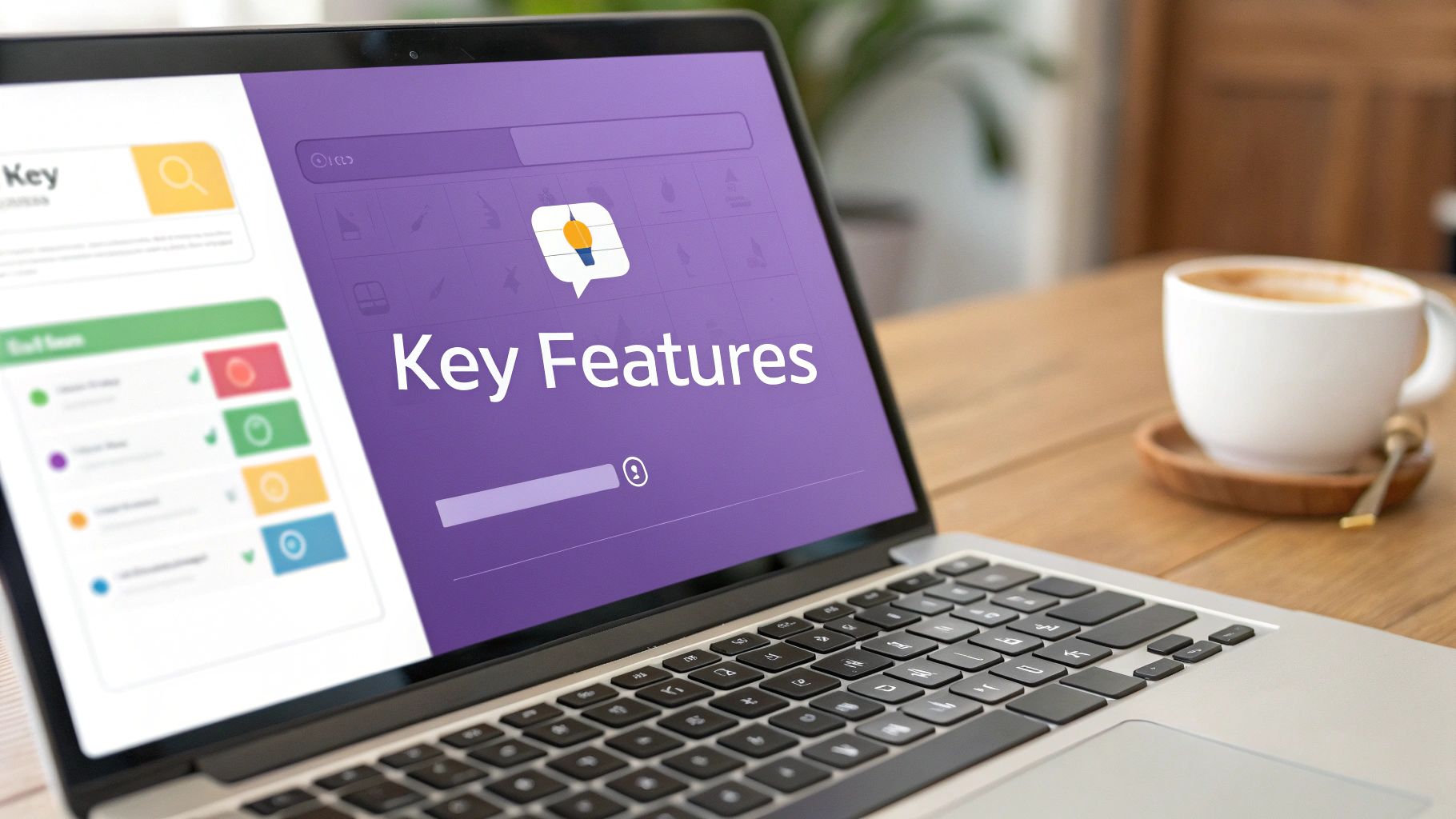 A laptop screen displays "Key Features" with a lightbulb icon next to a coffee cup on a wooden desk.
