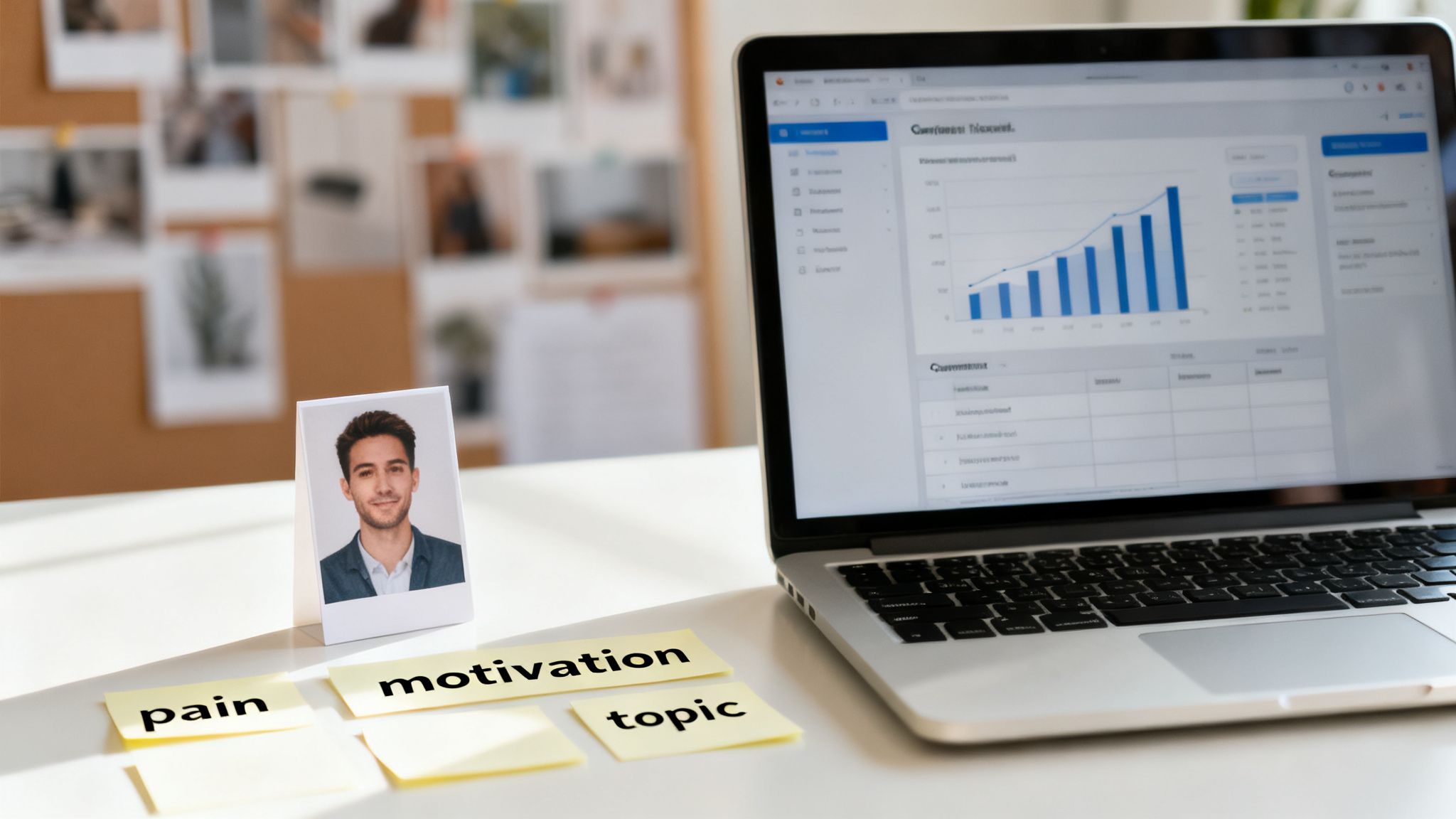 A laptop displaying a chart, a man's photo, and sticky notes for 'pain', 'motivation', 'topic' on a desk.