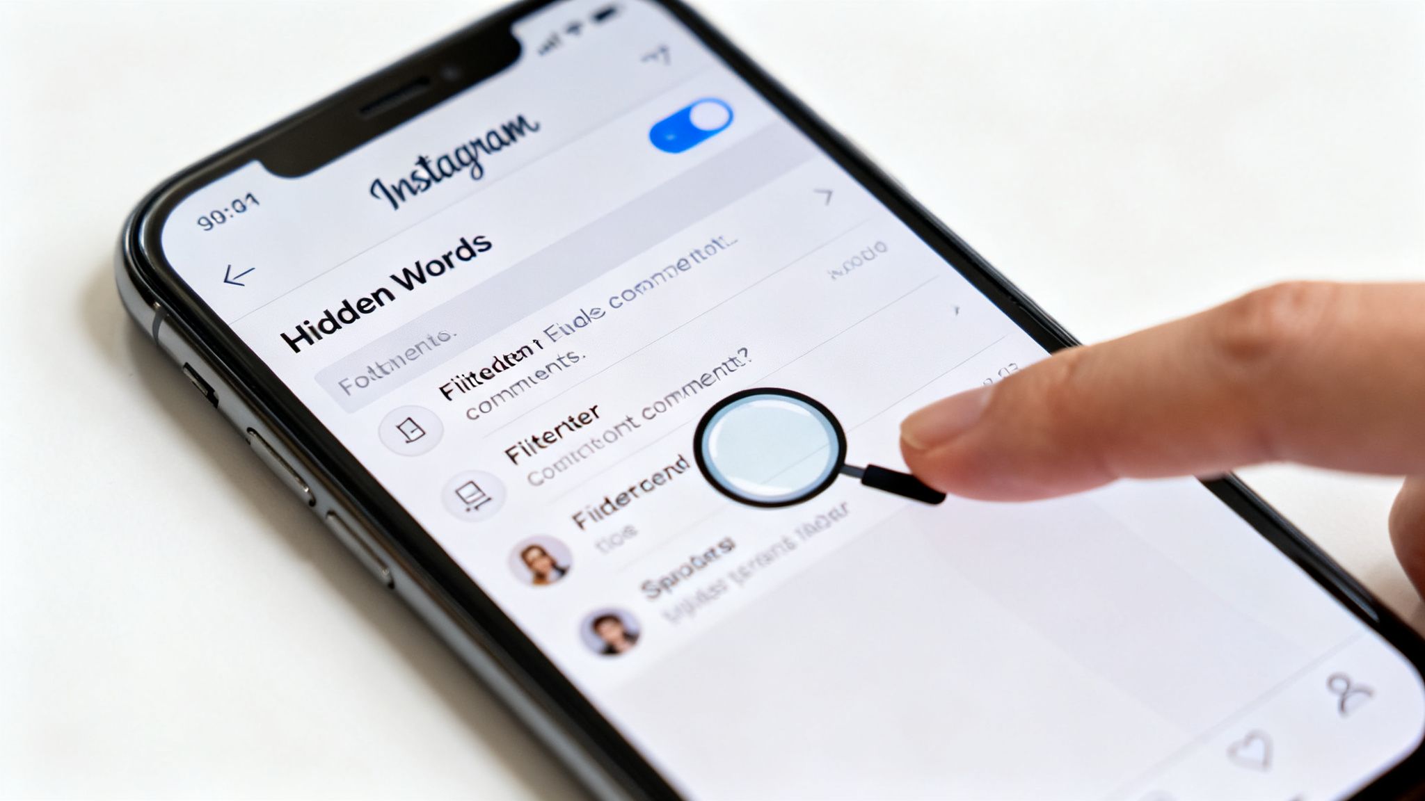 A hand uses an iPhone displaying Instagram's 'Hidden Words' settings for filtering comments.