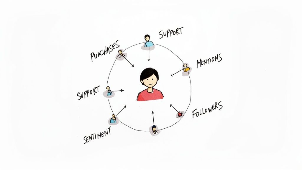 A diagram illustrates a central individual surrounded by various customer interactions like support, purchases, mentions, and followers.