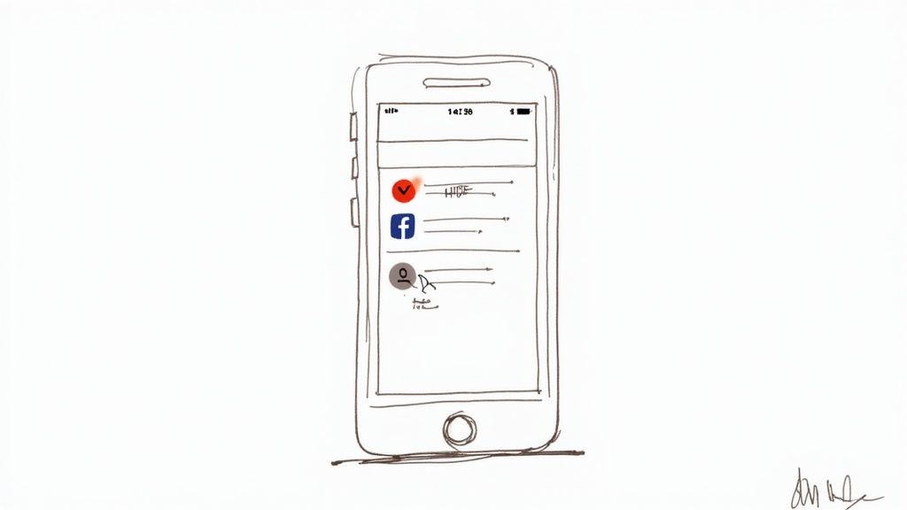 Hand-drawn smartphone screen displaying hide options, including the Facebook app icon with a cursor.