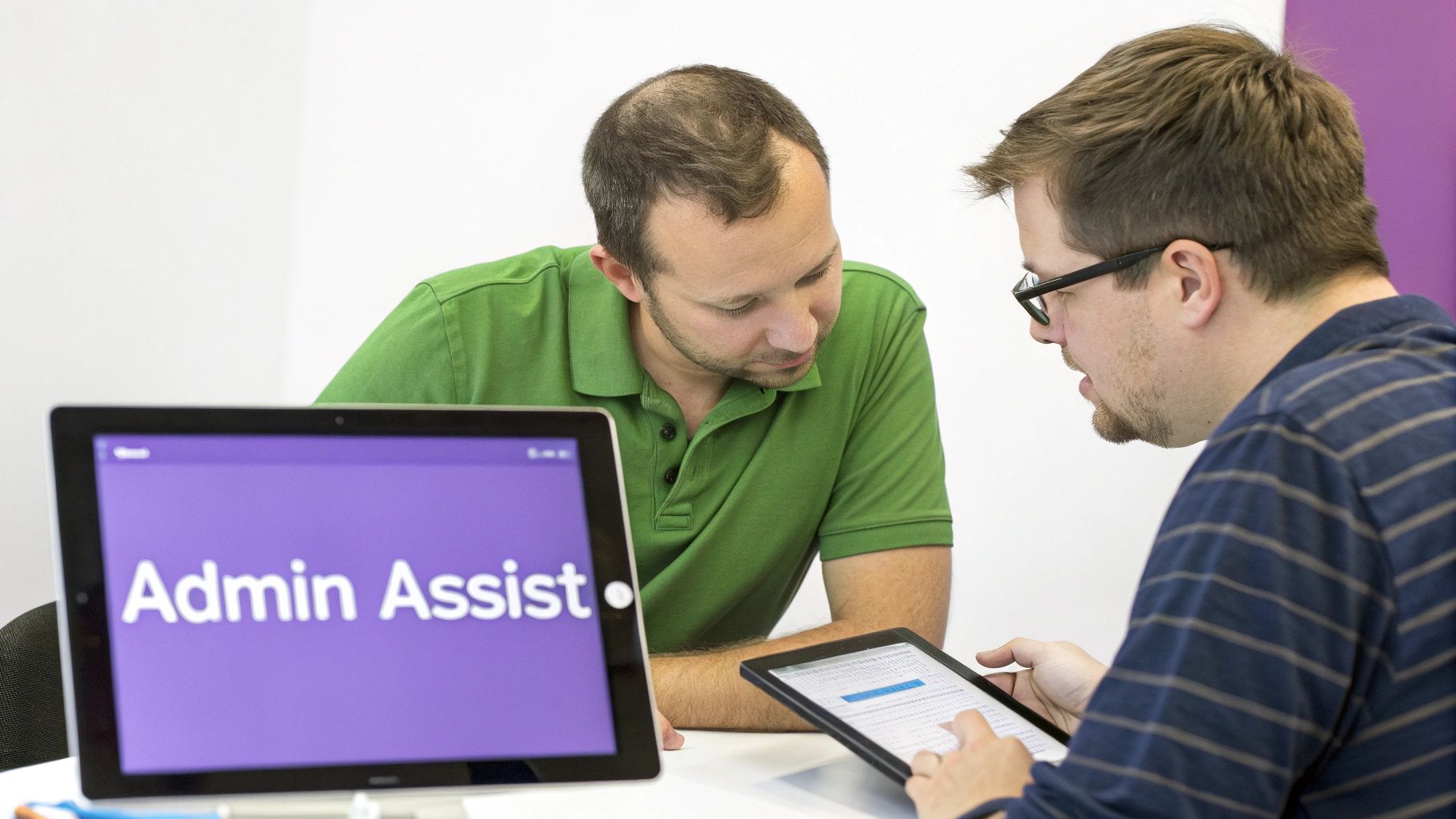 Two men focused on tablets, one displaying 'Admin Assist', collaborating in a bright modern office.