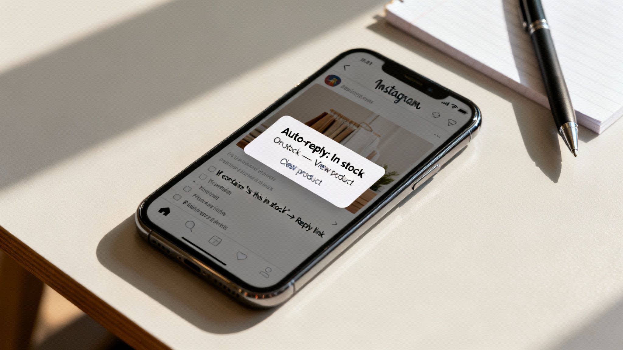 A smartphone displaying an Instagram chat with an 'Auto-reply: In stock' pop-up, on a desk.