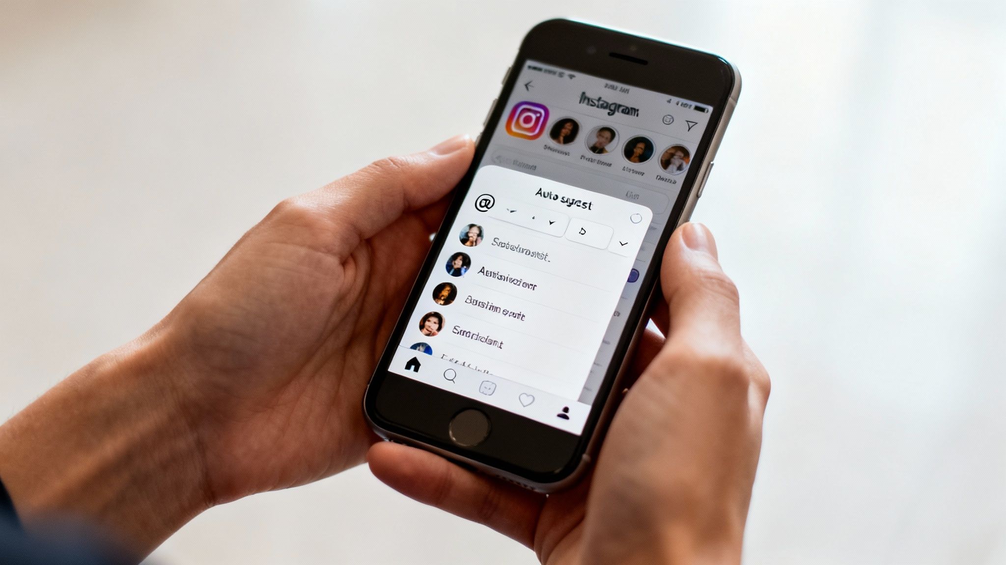 A person holds a smartphone displaying the Instagram app with an auto-suggest tagging feature.