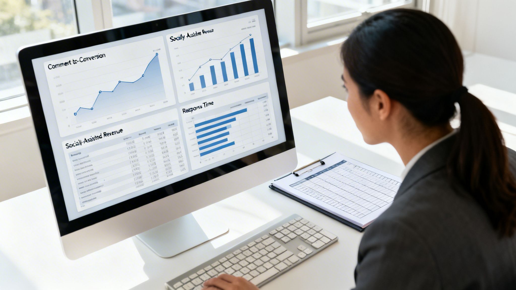 A woman reviews social media and revenue analytics on a computer screen, focusing on CRM data.