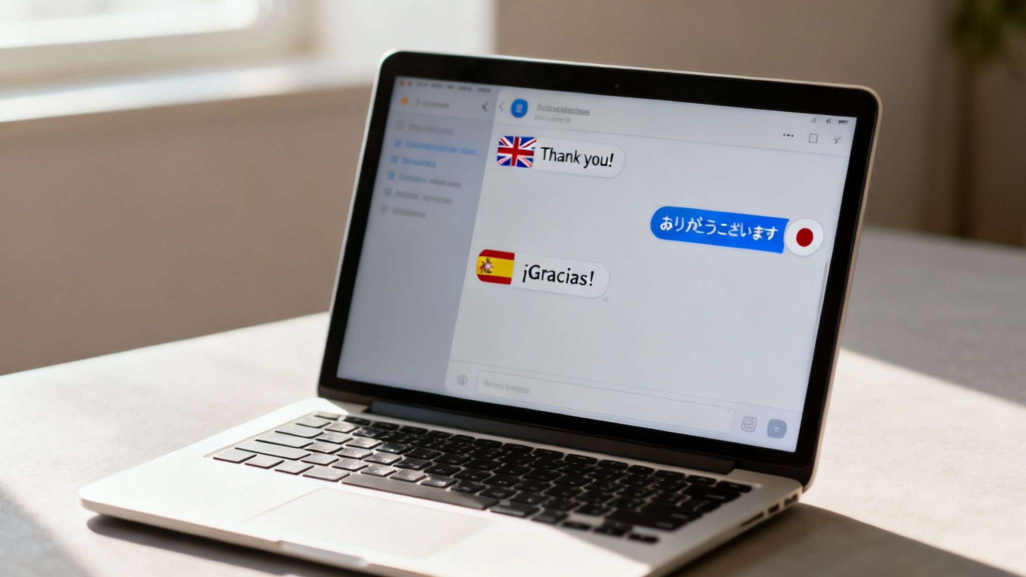 A laptop screen displays a chat application with messages in English, Spanish, and Japanese, featuring country flags.