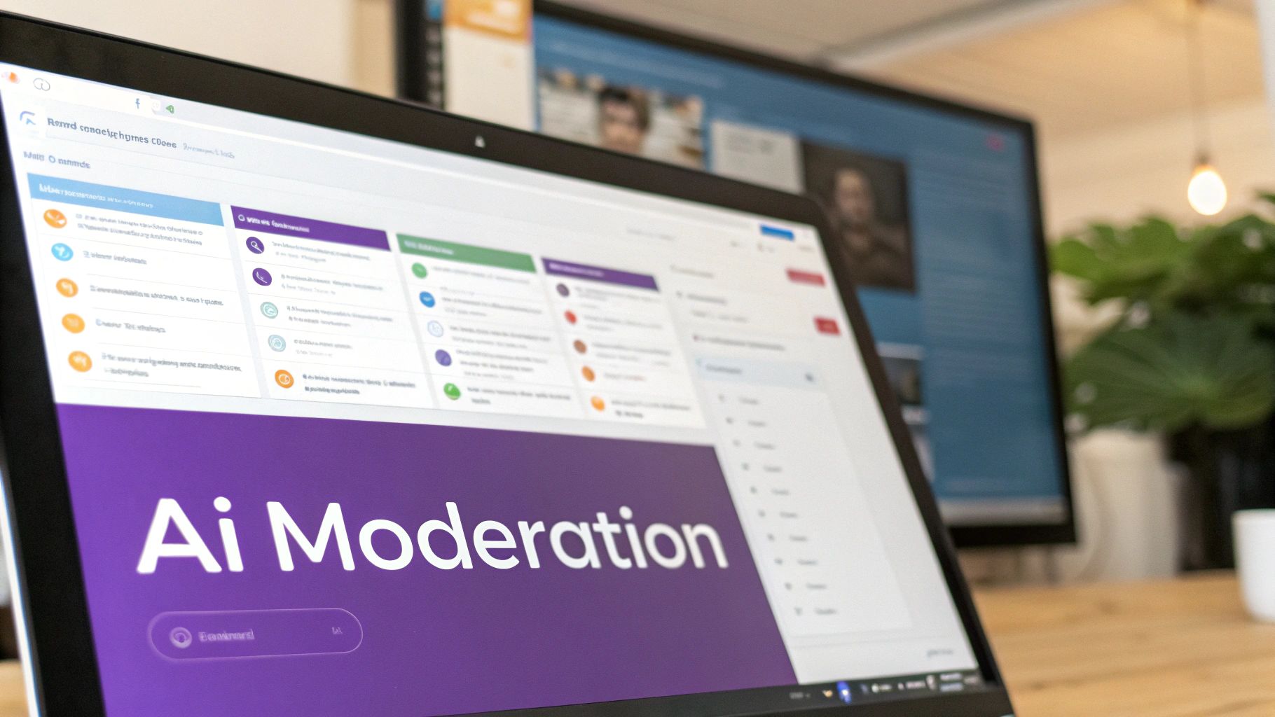 Laptop screen displaying an 'Ai Moderation' dashboard with various data, set in a modern office.