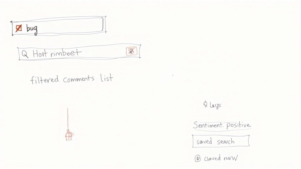 A hand-drawn sketch of a user interface for searching and filtering comments, showing sentiment and saved searches.