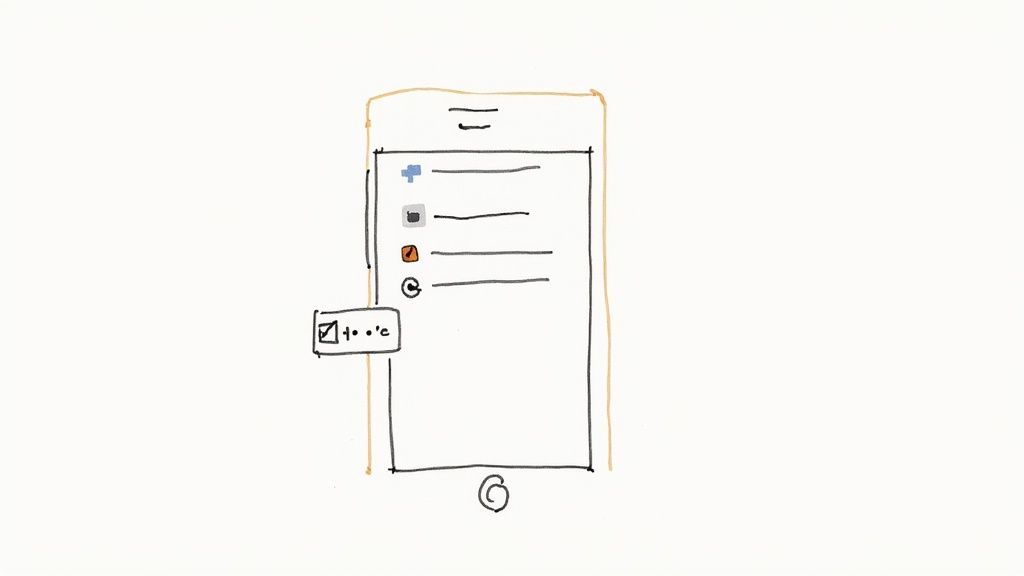 A hand-drawn sketch of a mobile app interface showing a menu list with icons and a floating checkbox.