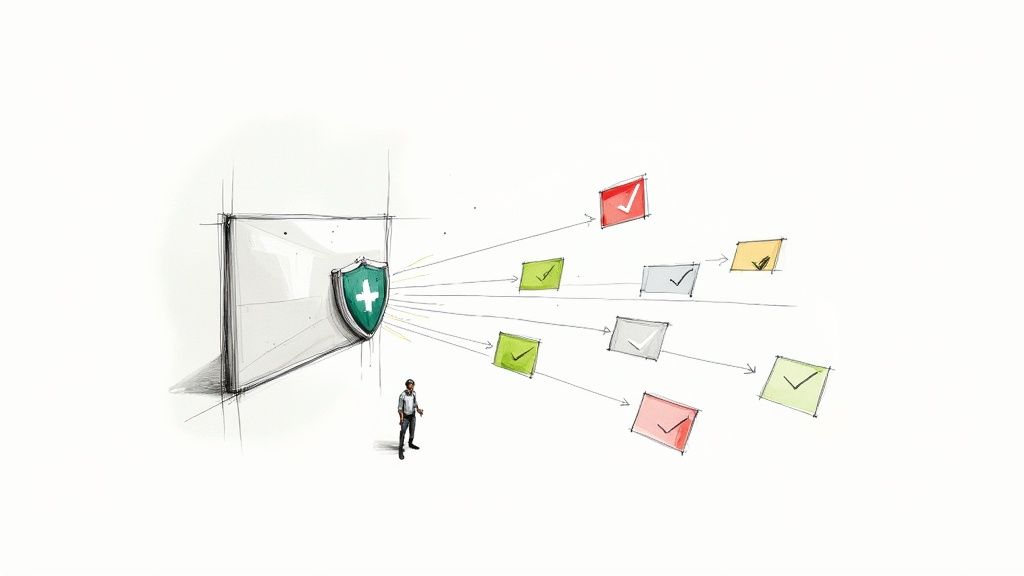 An abstract illustration of a shield with a brain-like circuit pattern, deflecting negative social media icons.