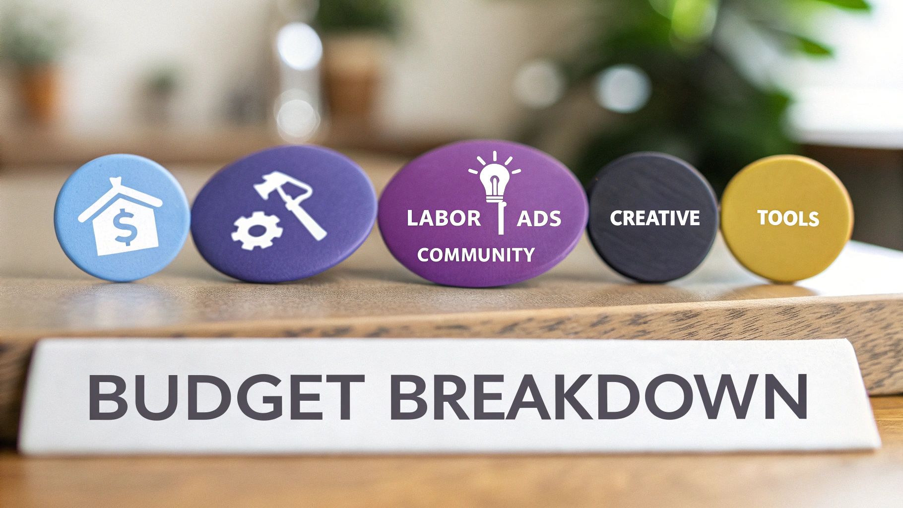 A 'BUDGET BREAKDOWN' sign is shown below five colorful tokens illustrating categories like housing, labor, ads, creative, and tools.