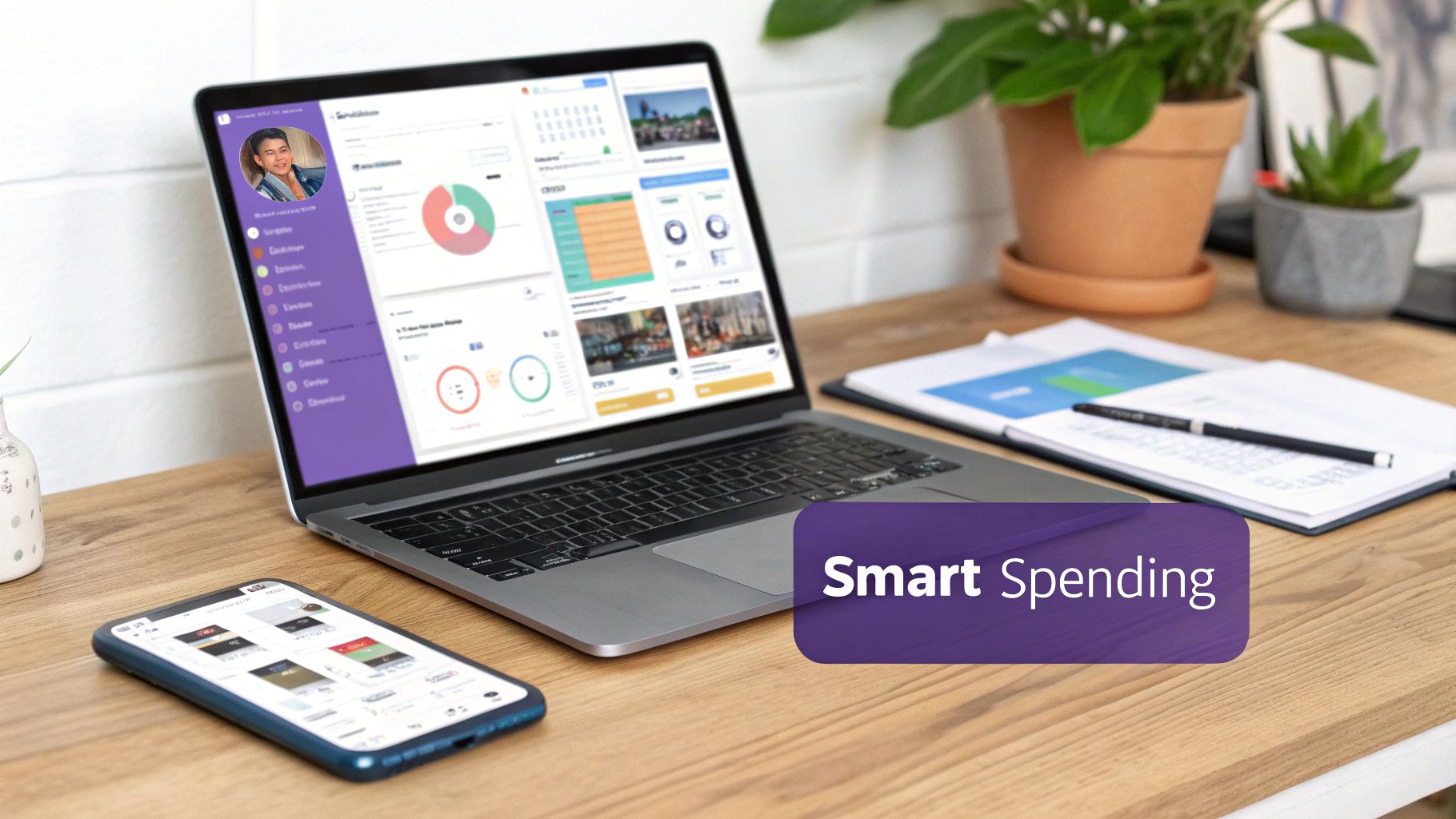 A financial dashboard on a laptop and smartphone on a wooden desk, emphasizing smart spending.