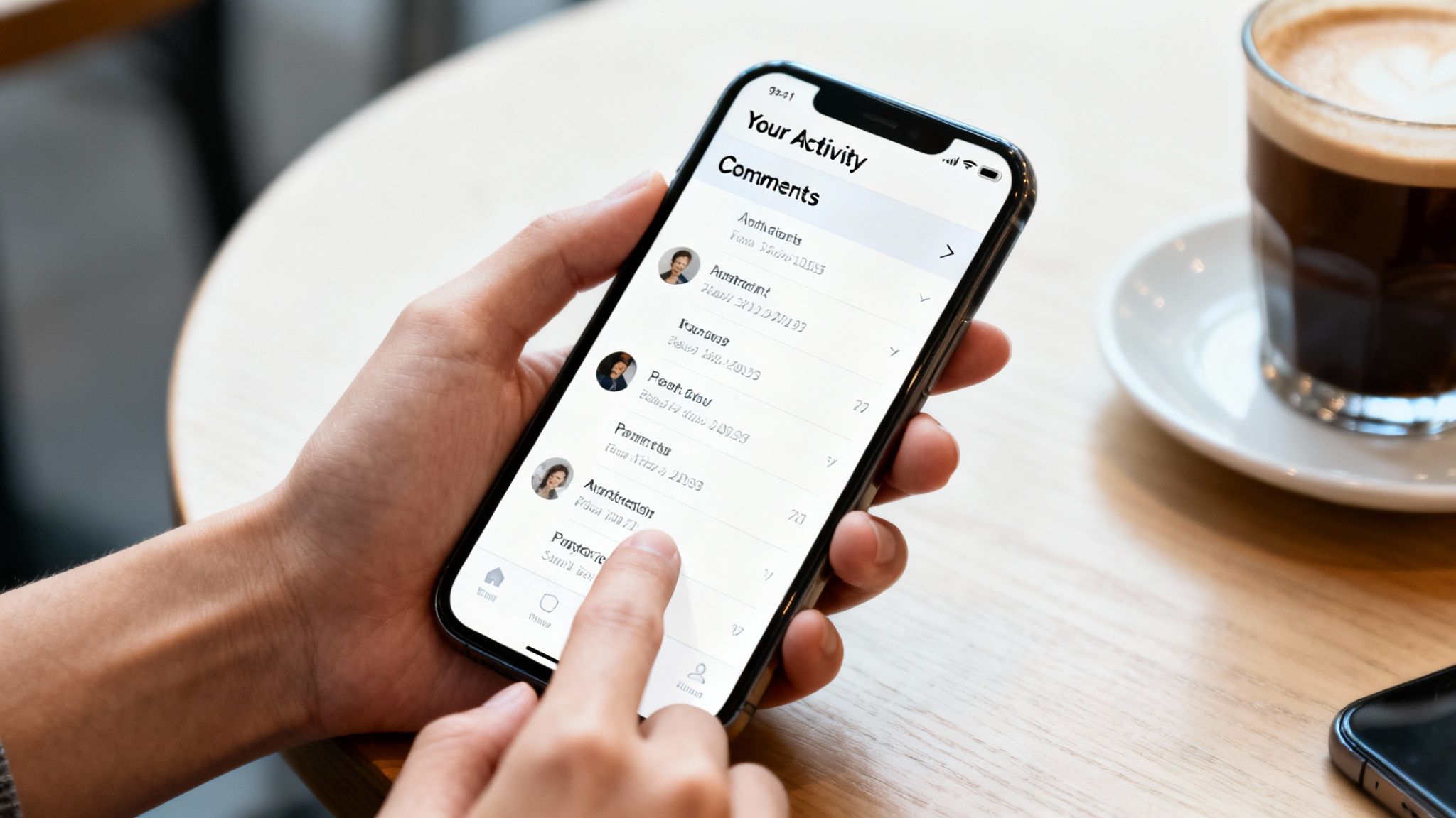 Hands hold a smartphone displaying a social media activity feed with various user comments.
