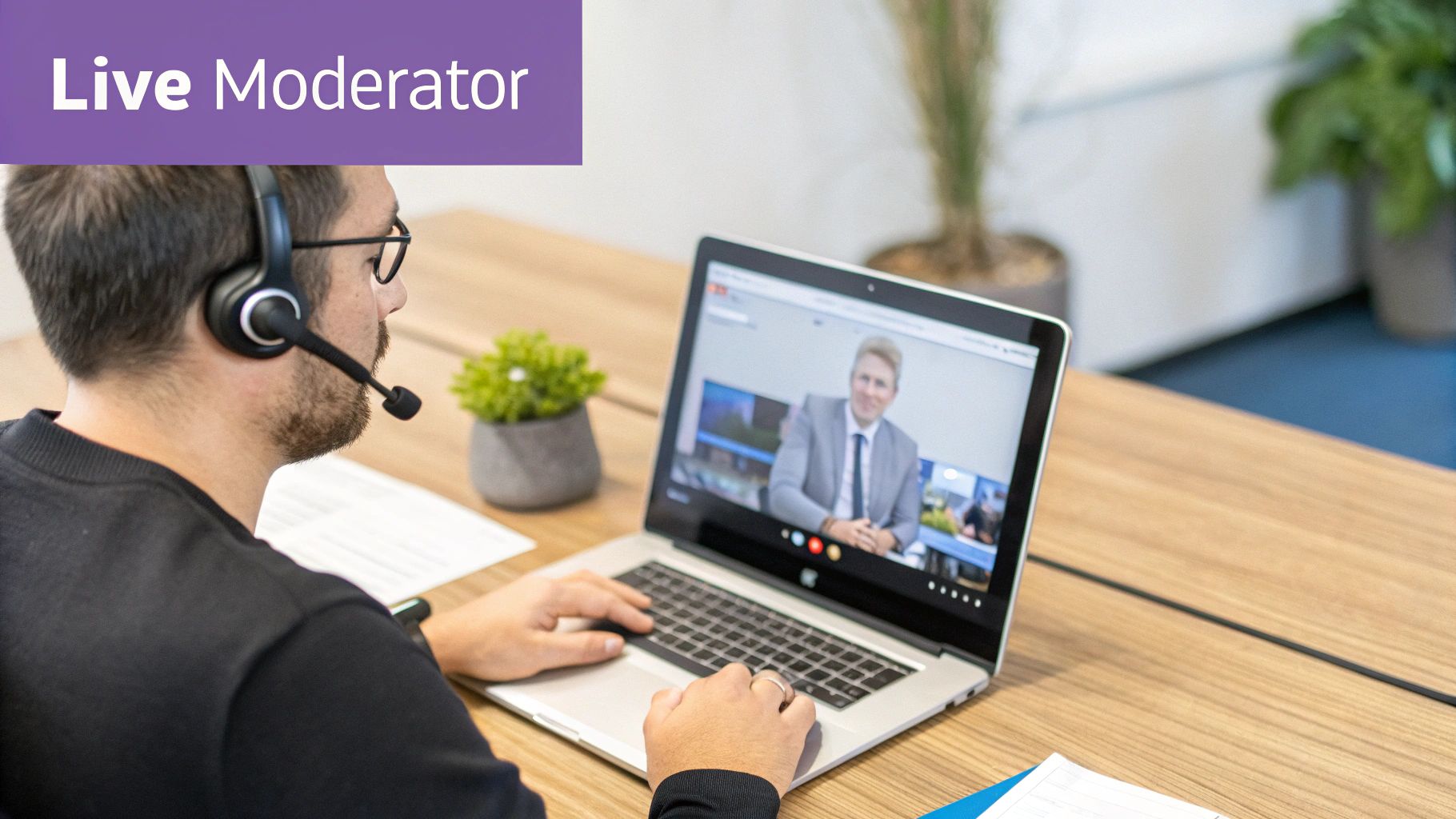 A man with a headset moderating a live video call on a laptop with a man in a suit.