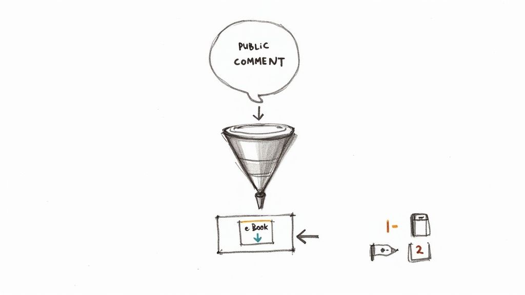 Diagram illustrating public comments being filtered through a funnel to create an e-book.
