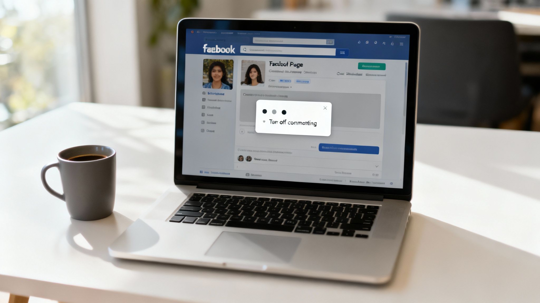 An image of the Facebook Group interface with an arrow pointing to the three-dot menu on a post, showing the 'Turn off commenting' option.