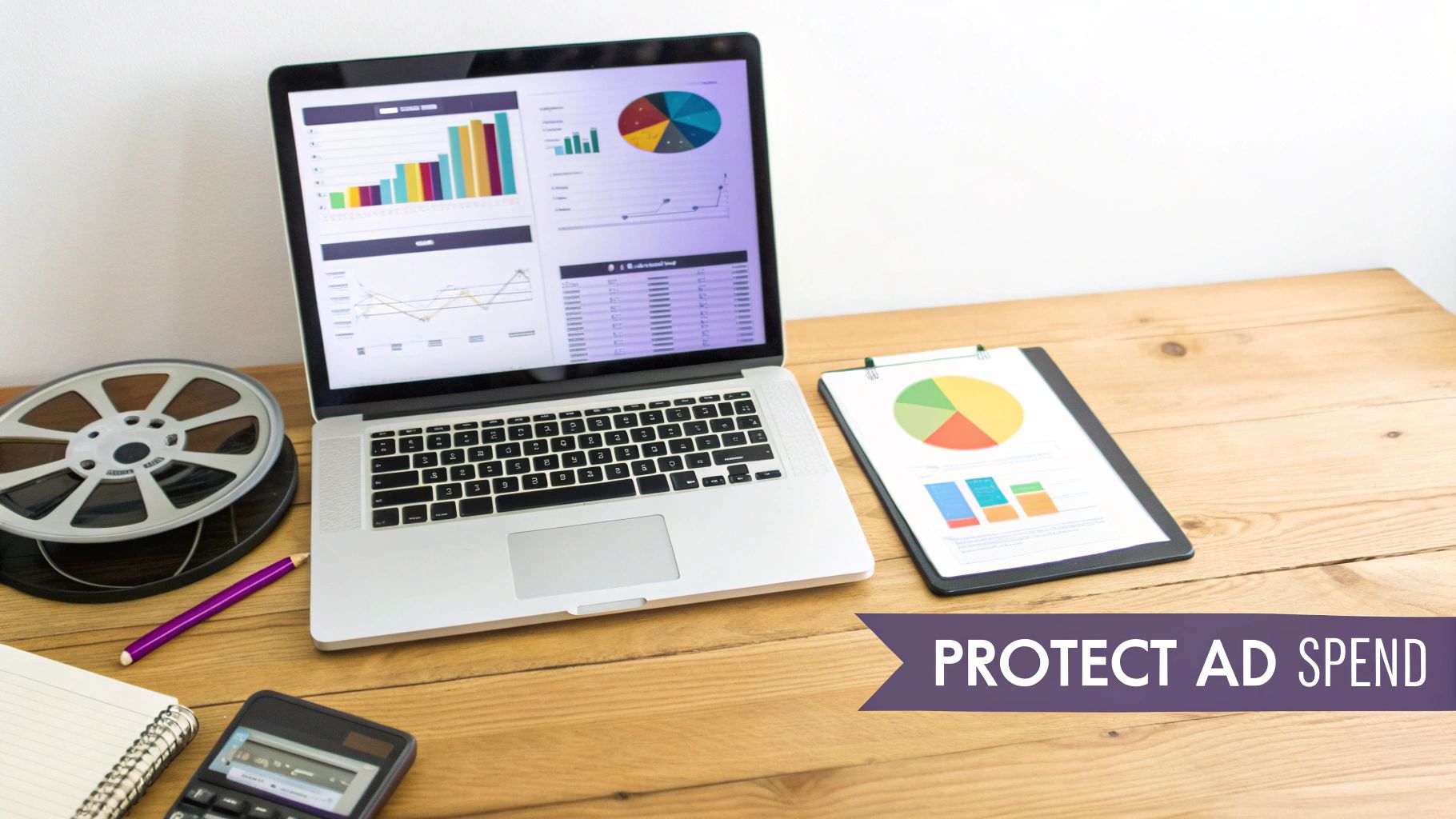 A laptop and clipboard display colorful charts and graphs on a wooden desk with office supplies.
