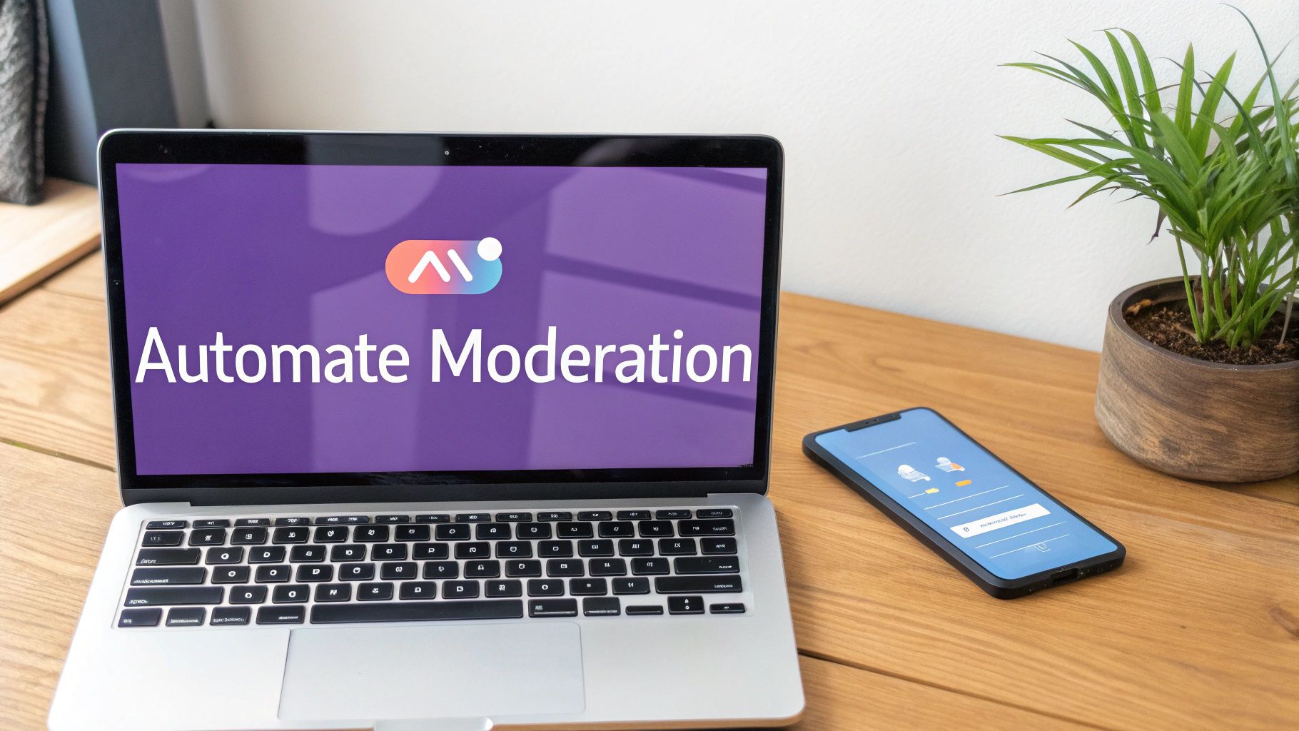 A laptop displaying 'Automate Moderation' with a logo, a smartphone, and a plant on a wooden desk.