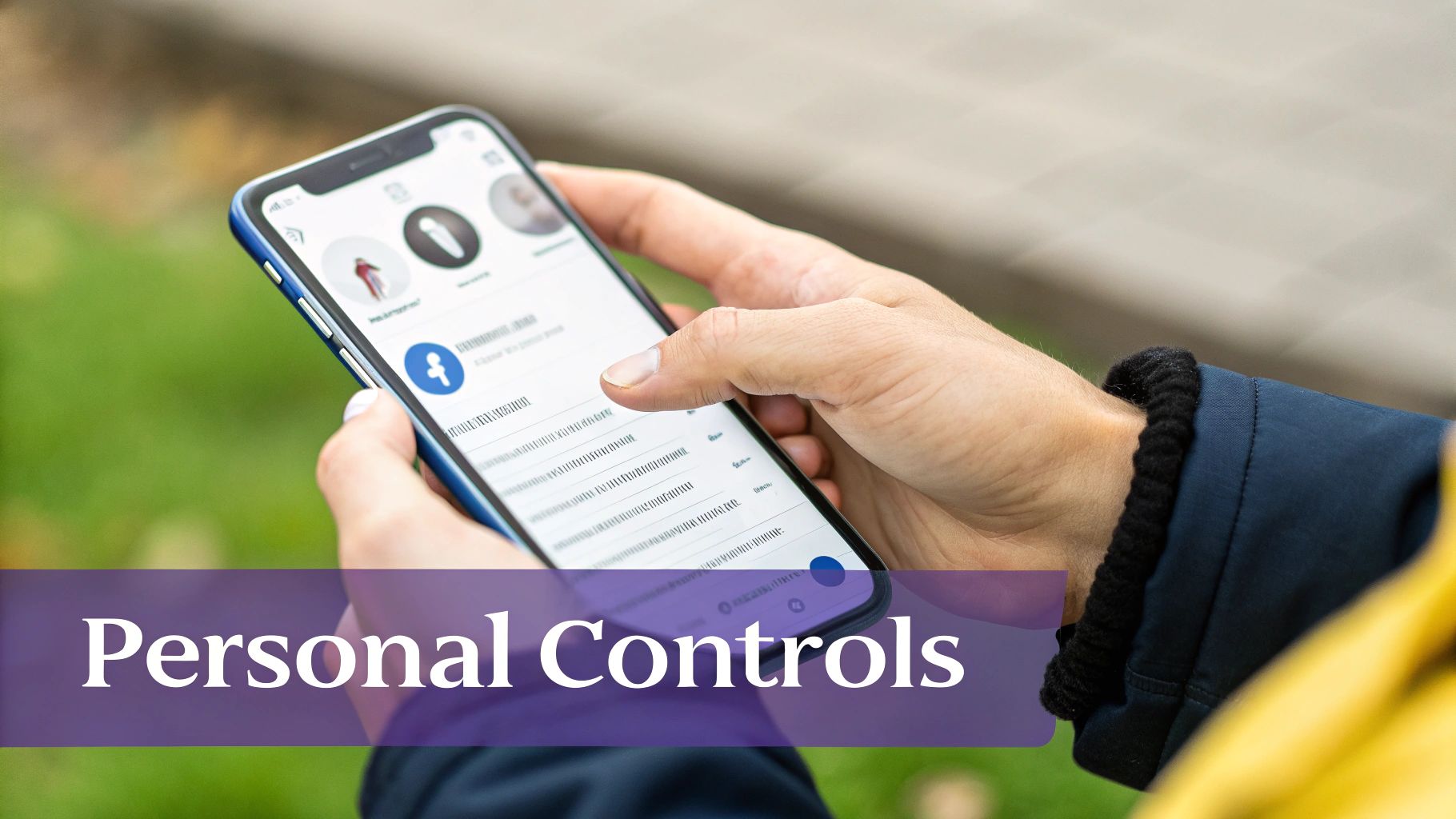 Close-up of hands using a smartphone with a social media feed, showing personal controls.