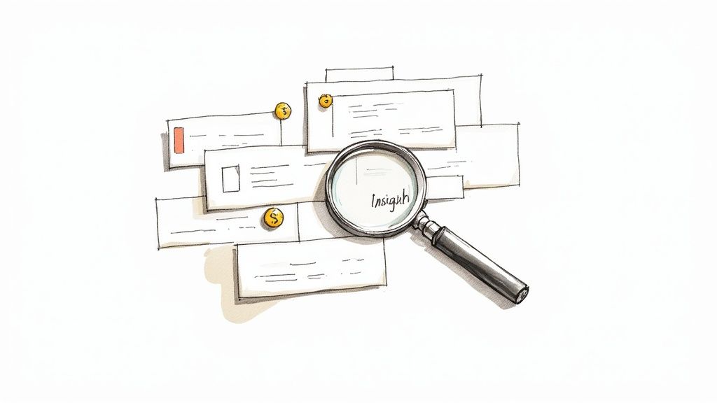 A magnifying glass over scattered paper notes with text snippets and dollar signs, highlighting 'Insight'.