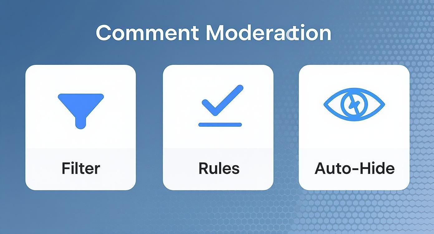 Three blue icons showing comment moderation features: filter funnel, rules checkmark, and auto-hide eye symbol