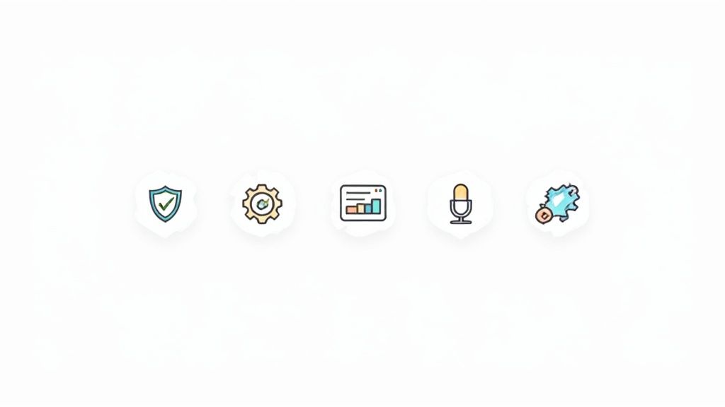 Five colorful software feature icons: security shield, settings gear, analytics chart, microphone, and network customization.