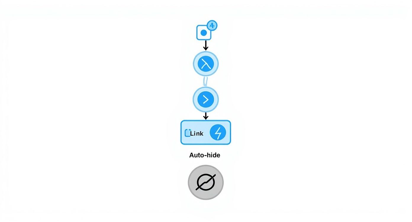 A flowchart showing steps to 'Link' and 'Auto-hide', concluding with a 'hidden' or 'disabled' icon.