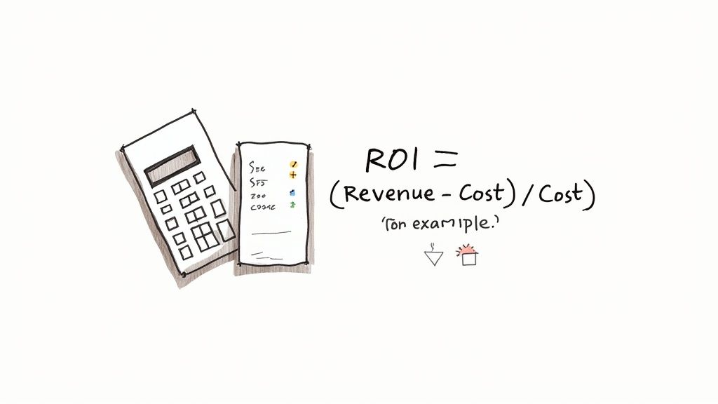 A hand-drawn image illustrating the ROI formula with a calculator and notes for financial measurement.