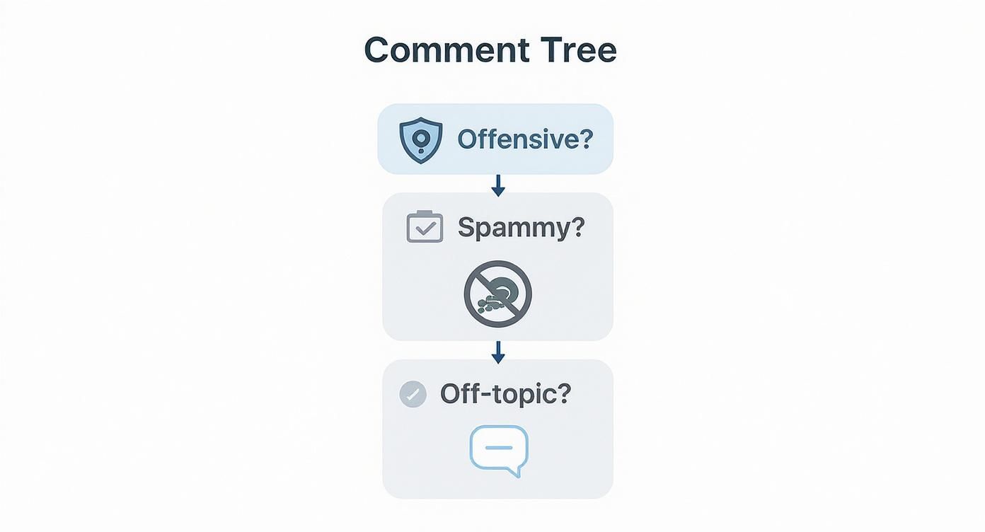 Flowchart illustrating a comment moderation process, identifying offensive, spammy, and off-topic content.
