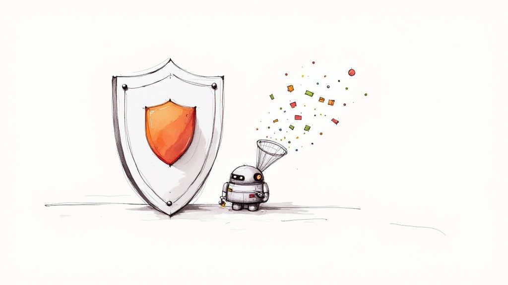 A cartoon illustration of a shield protecting a robot that is funneling colorful particles.