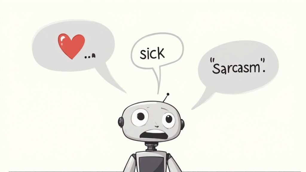 A confused robot is overwhelmed by speech bubbles containing a heart, 'sick', and 'sarcasm'.