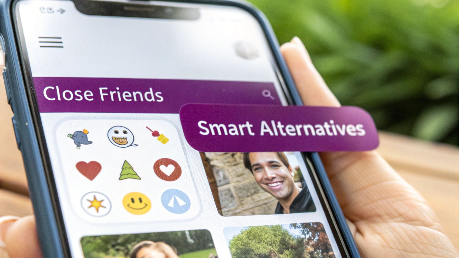 A hand holds a smartphone displaying a social media app with "Close Friends" and "Smart Alternatives".