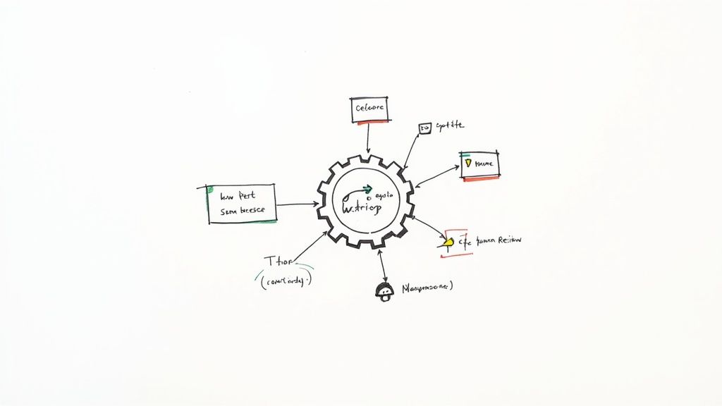 A hand-drawn diagram illustrating a central gear, representing a system, connected to various labeled components and icons.
