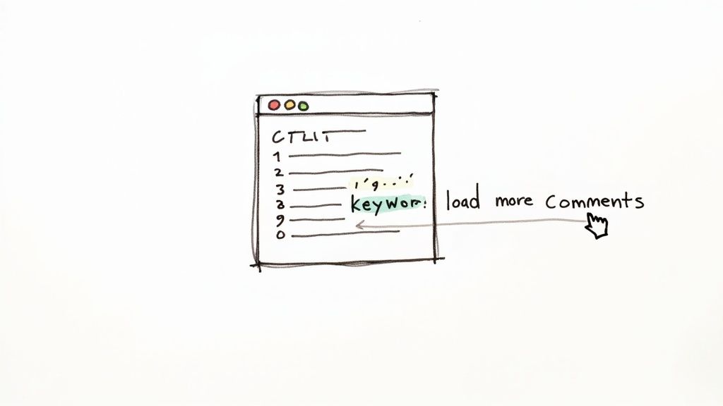 A sketch illustrating a UI window with a list, a 'keyword' highlighted, and an arrow pointing to 'load more comments' with a hand cursor, depicting an interaction.