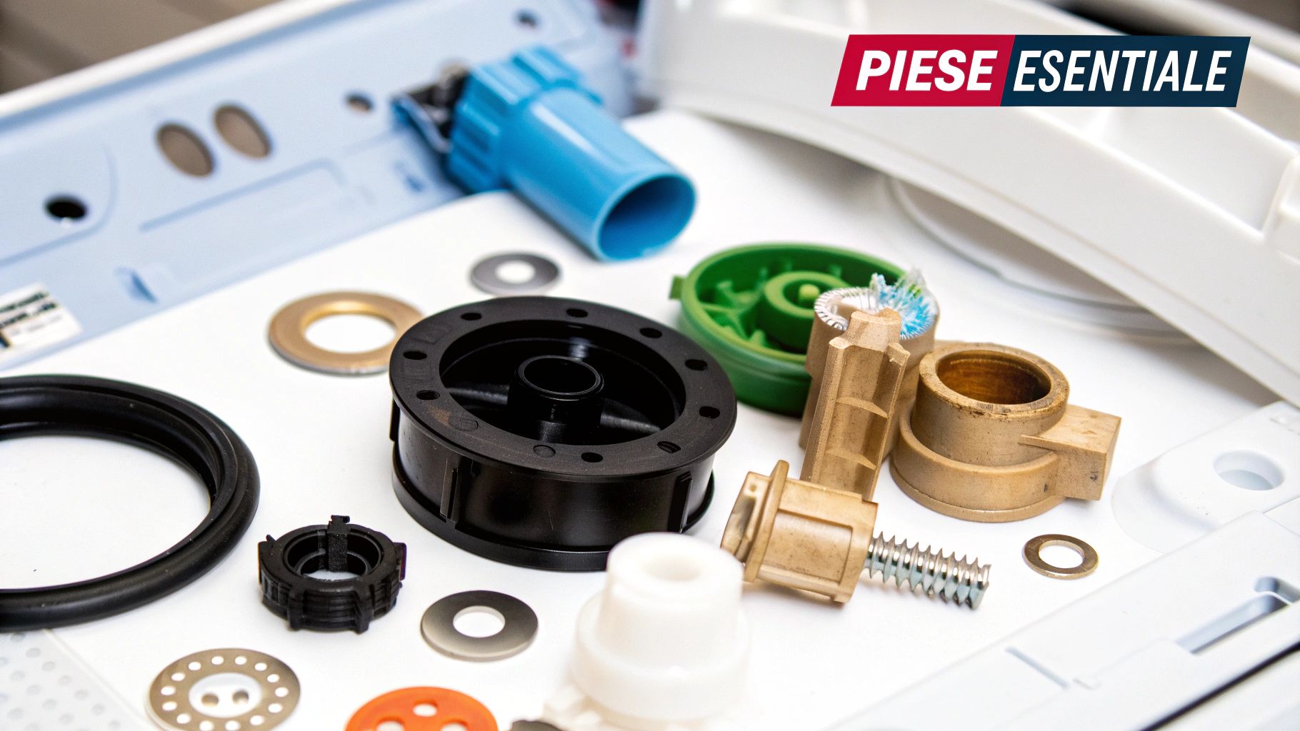 O persoană verifică eticheta de service de pe o mașină de spălat.