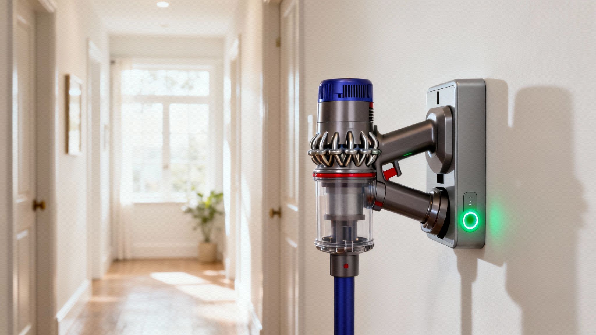 O stație de andocare pentru aspiratorul Dyson V8 montată pe un perete