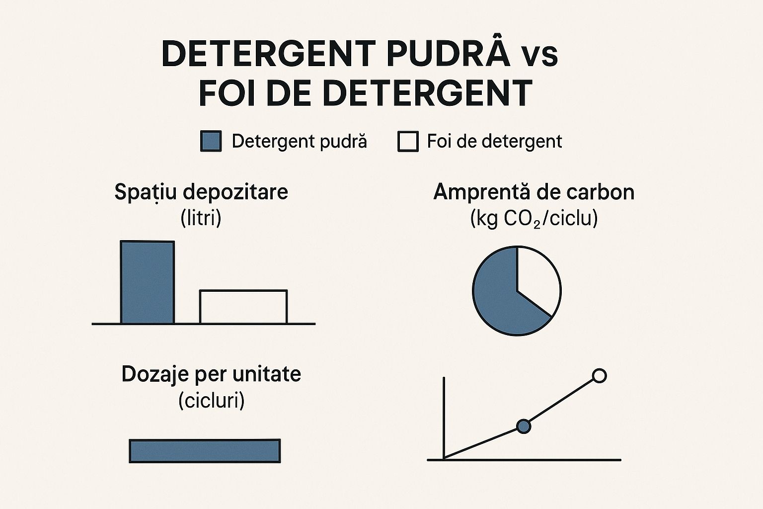 Infografic comparativ între detergentul pudră și foile de detergent pe criterii de spațiu, amprentă de carbon și dozaje