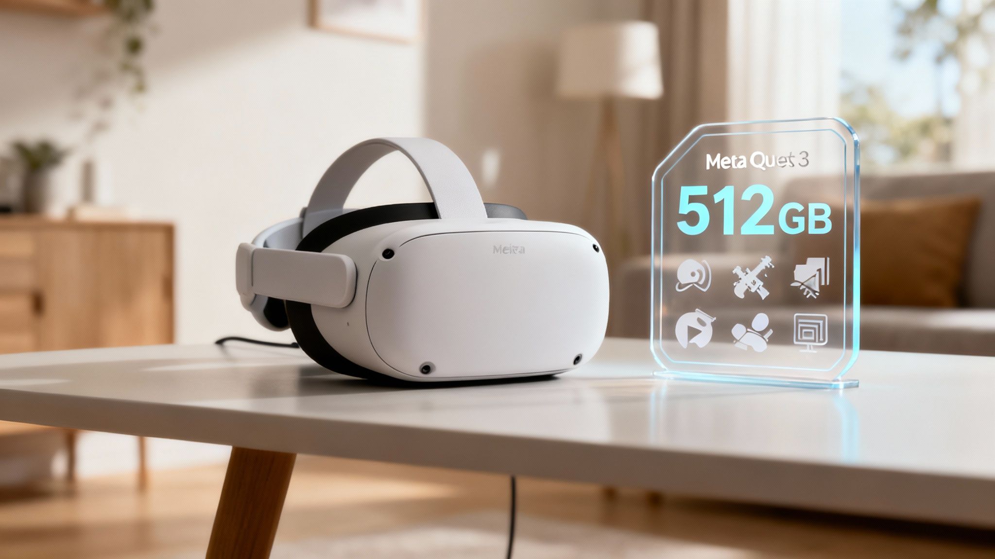 O persoană folosind ochelarii VR Meta Quest 3, înconjurată de elemente grafice de jocuri