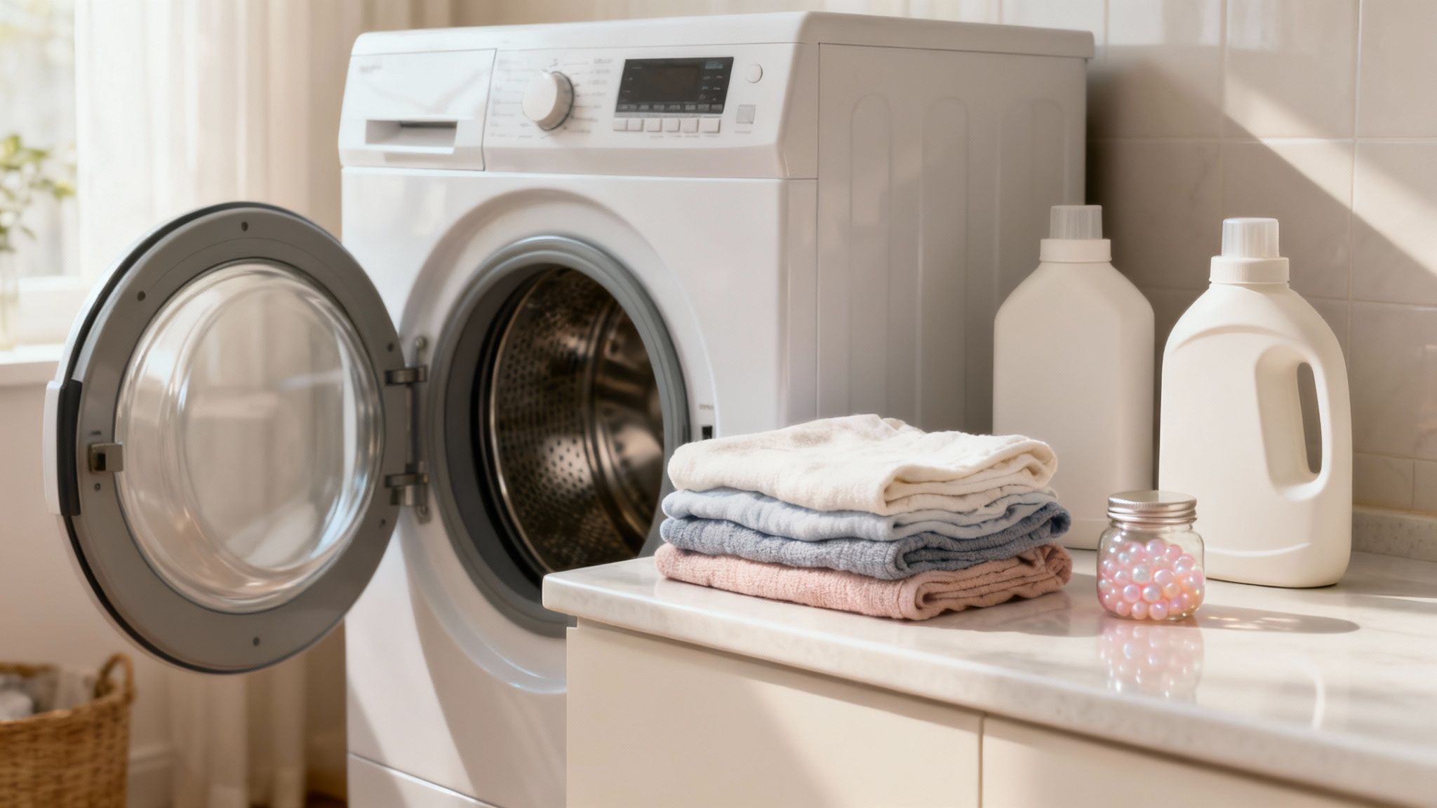 Rufe curate și parfumate împăturite lângă o mașină de spălat modernă