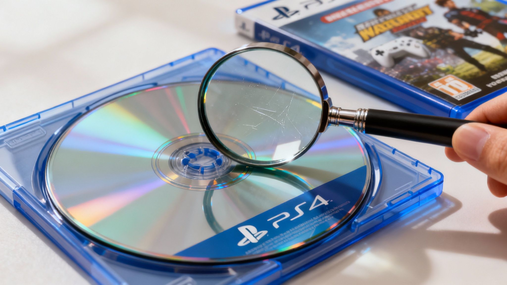 Un tehnician inspectează un disc de joc PS4