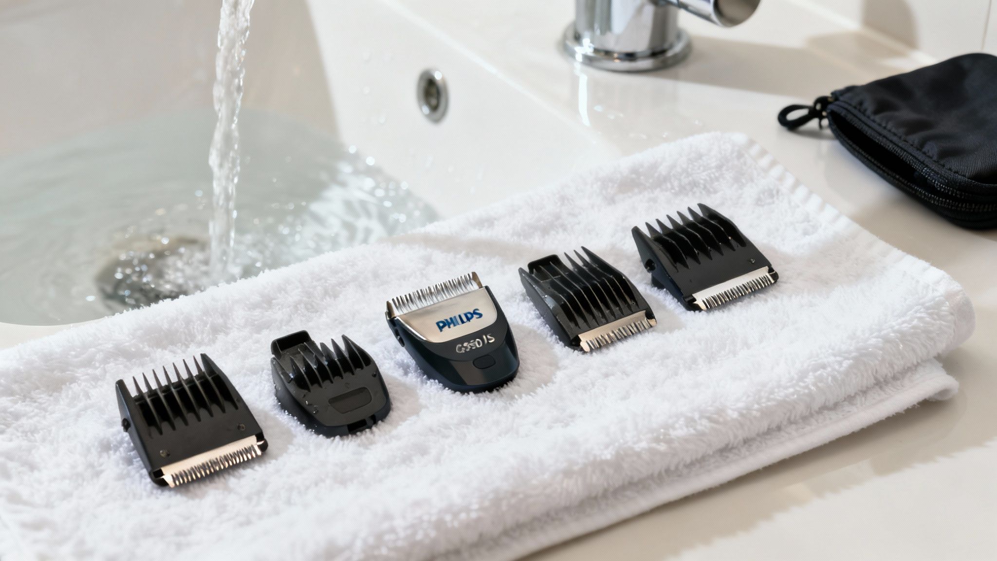 Bărbat curățând un trimmer Philips la chiuvetă