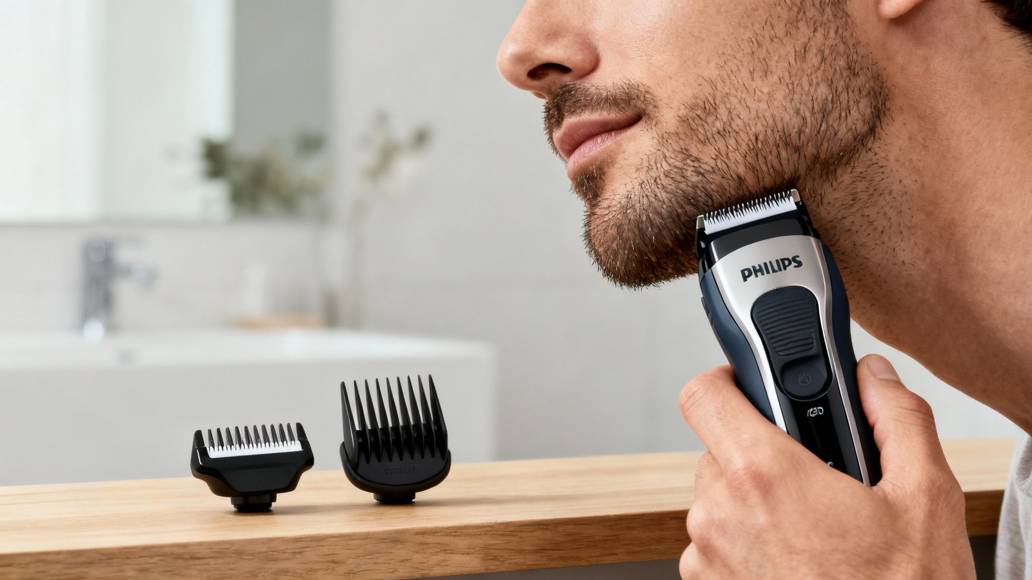 Bărbat folosind Trimmer Philips Multigroom MG7940/15