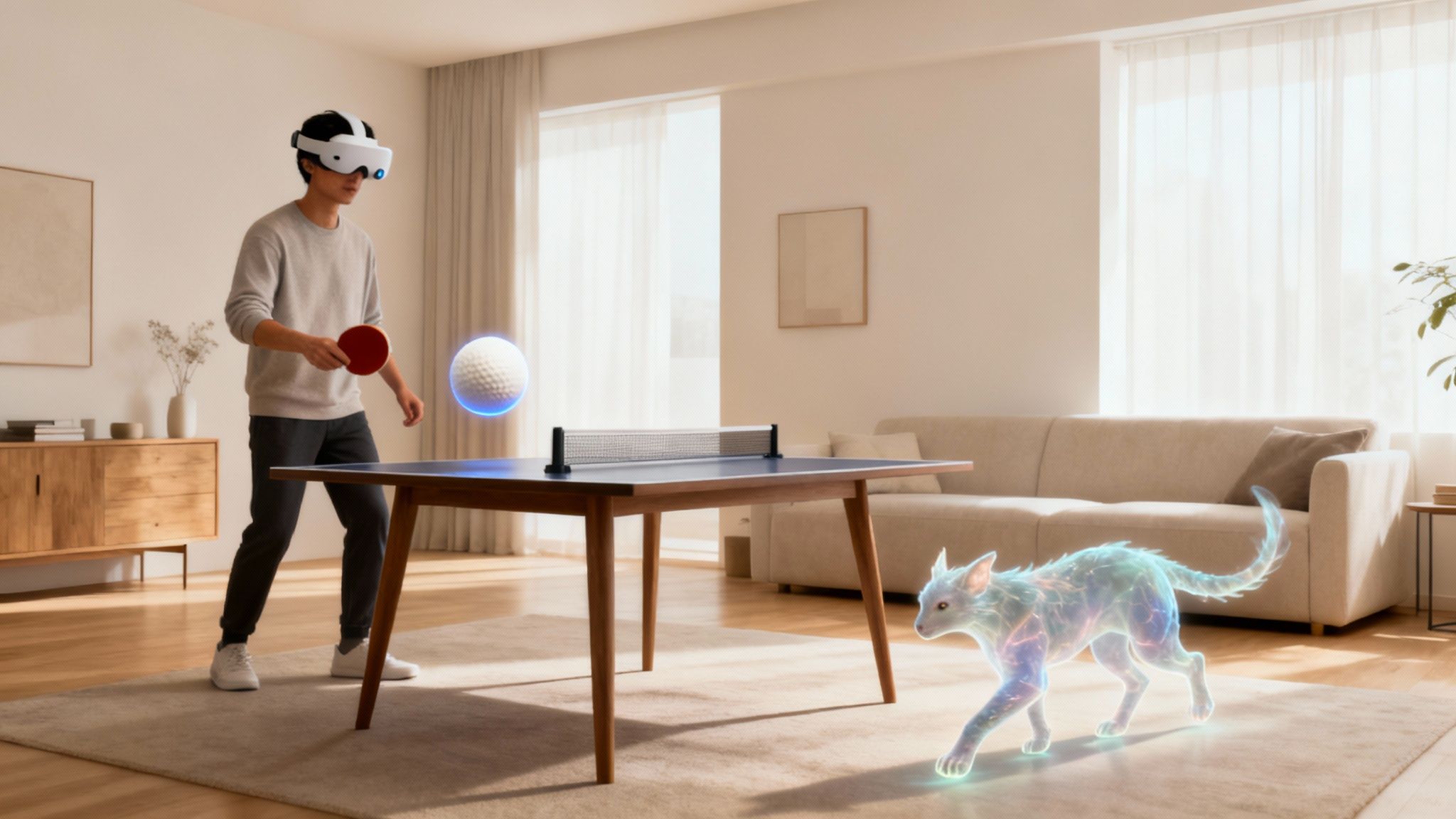 O persoană folosind ochelari VR Meta Quest 3 într-un mediu de realitate mixtă.