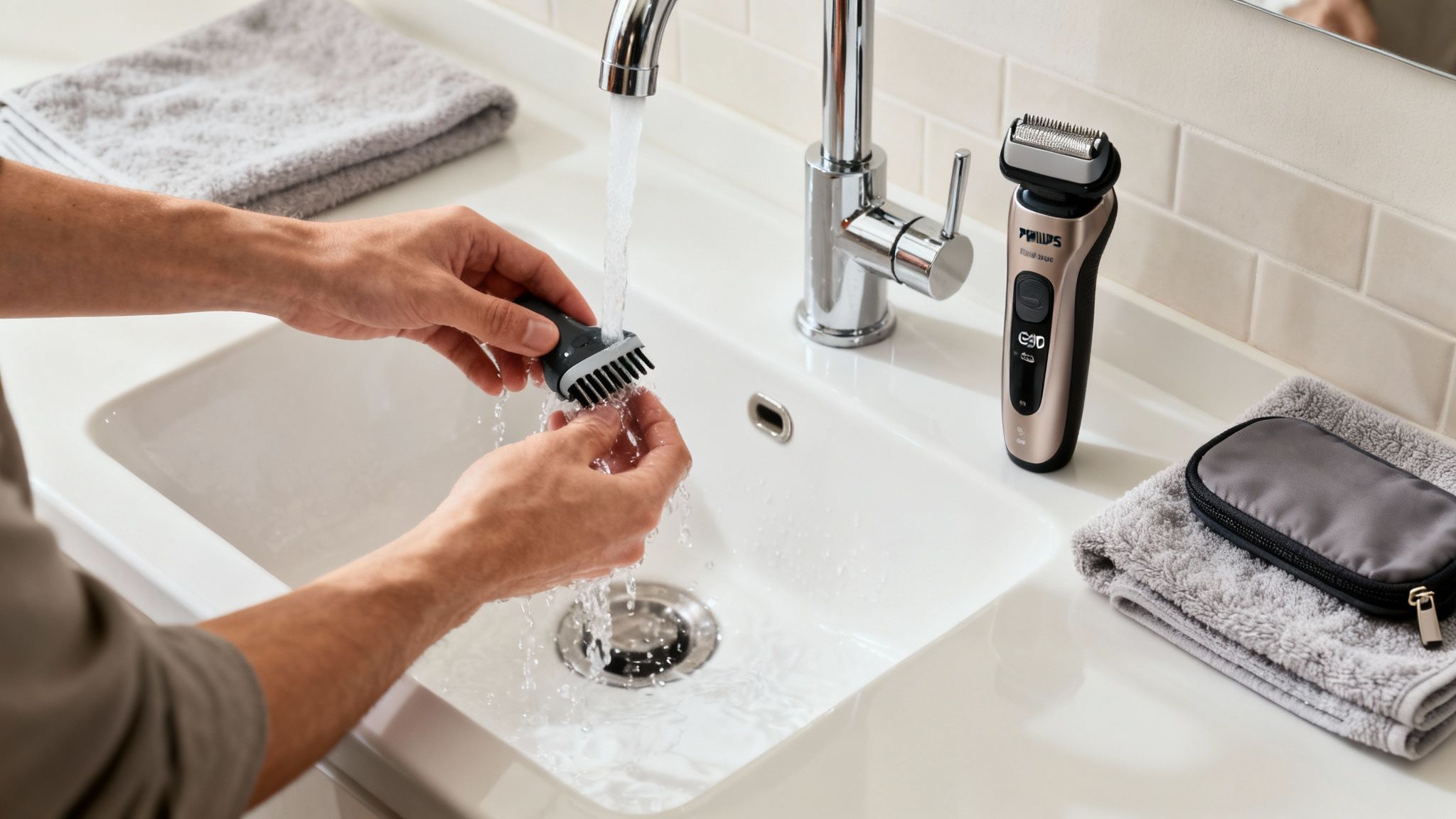 O persoană curăță Trimmer Philips Multigroom MG7940/15 sub jet de apă